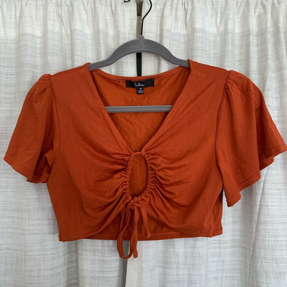 Lulu's Medium Orange Flutter Sleeve Crop Top and Skirt Set